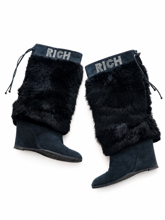 John Richmond Shoes - John Richmond Blue Suede Fur Wedge Boots with RICH Embellishments 39